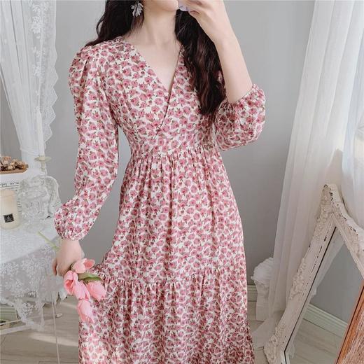 气质显瘦复古粉色花朵高腰V领荷叶边韩版长裙打底裙春秋装印花裙 商品图3