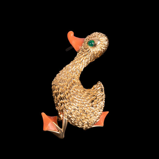 独角鹿西洋古董法国珠宝世家品牌黄金镶祖母绿珊瑚鸭子造型胸针 商品图0