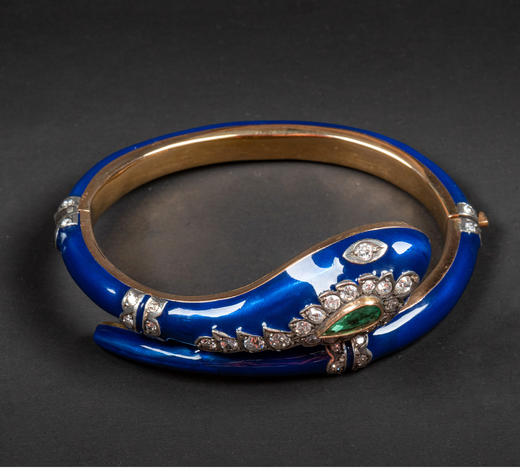 独角鹿西洋古董维多利亚时期18K金蓝色珐琅镶钻石祖母绿蛇形手镯 商品图4