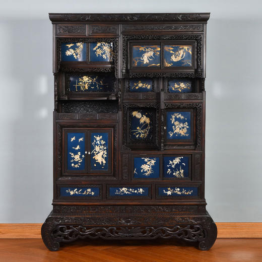 独角鹿西洋古董家具日本明治时期传统花鸟芝山象嵌多宝阁立柜 商品图0