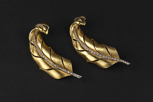 独角鹿西洋古董珠宝首饰1950年代美国出品钻石18k金叶型胸针一对 商品图2