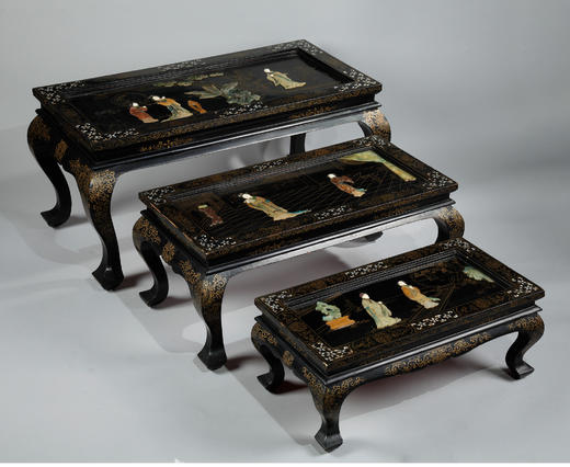 独角鹿西洋古董家具中国黑漆描金硬石镶嵌西厢记主题边桌三套几 商品图1