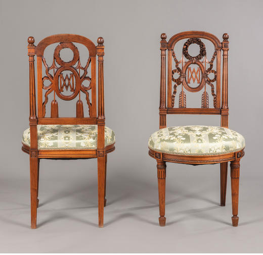 独角鹿西洋古董家具法国路易十六风胡桃木精雕提花缎面座椅一对 商品图3