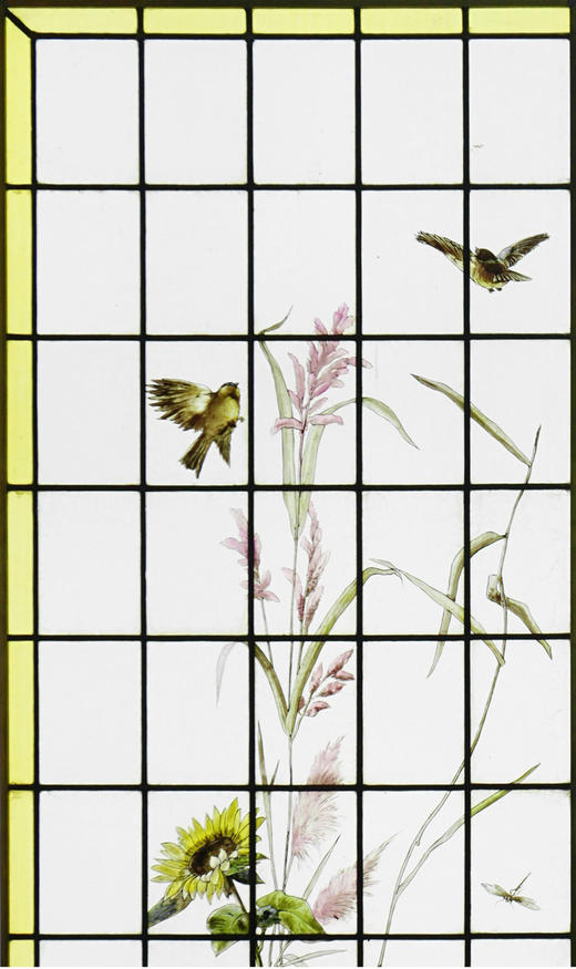 独角鹿西洋古董法国向日葵大丽花水边雀鸟珐琅彩绘玻璃窗花窗一对 商品图4