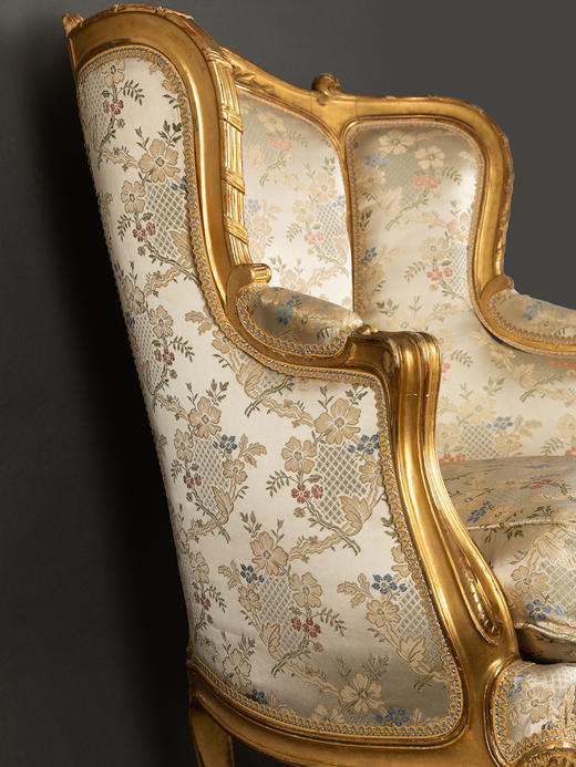 独角鹿西洋古董家具拿破仑三世时期木鎏金装饰提花缎面沙发扶手椅 商品图3