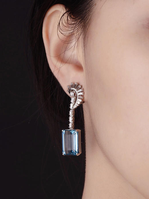 独角鹿西洋古董珠宝Art Deco风格18K白金镶海蓝宝石钻石耳坠耳环 商品图1