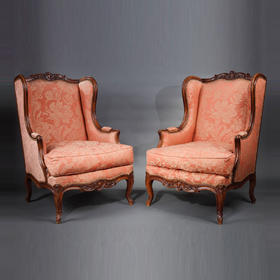 独角鹿西洋古董家具法国粉色花卉丝织面料胡桃木雕扶手椅一对