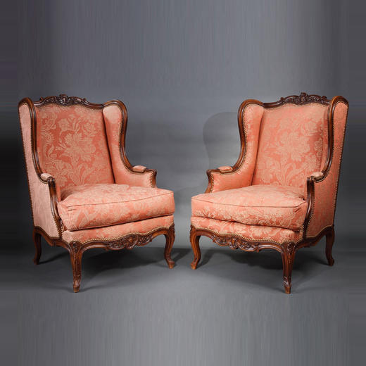 独角鹿西洋古董家具法国粉色花卉丝织面料胡桃木雕扶手椅一对 商品图0