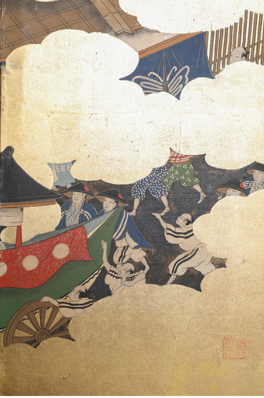 独角鹿西洋古董日本明治时期云金祗园祭图绘纸本金地四曲插屏屏风 商品图4