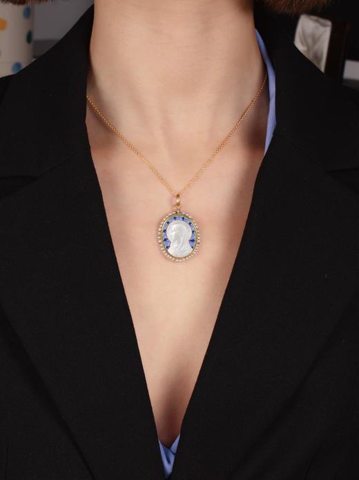 独角鹿西洋古董珠宝18k金镶嵌珍珠珐琅修饰圣母主题母贝浮雕吊坠 商品图1