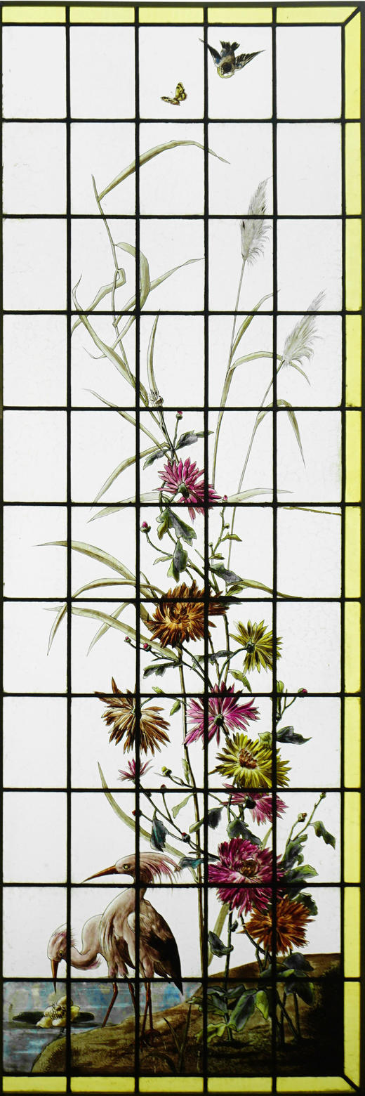 独角鹿西洋古董法国向日葵大丽花水边雀鸟珐琅彩绘玻璃花窗一对 商品图2