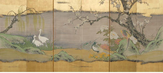 独角鹿西洋古董日本狩野派风格纸本金地山水花鸟主题六曲屏风 商品图1