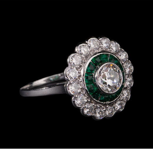 独角鹿西洋古董首饰珠宝法国铂金镶嵌钻石祖母绿玛格丽特款戒指 商品图2