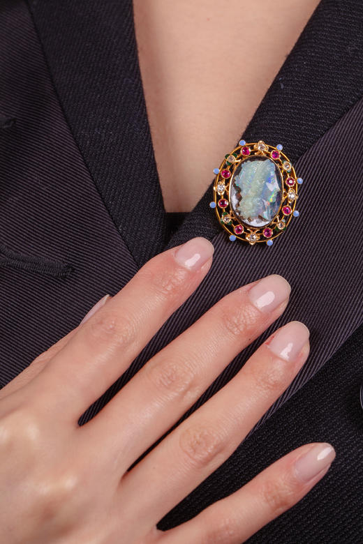 独角鹿西洋古董首饰珠宝黄金镶嵌红宝石欧泊卡梅奥浮雕胸针/吊坠 商品图1