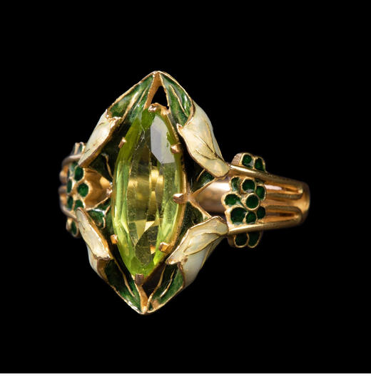 独角鹿西洋古董首饰珠宝法国莱俪18K金镶嵌橄榄石珐琅花型戒指 商品图2