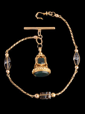 独角鹿西洋古董黄金镶缠丝玛瑙血滴石长链条款火漆印章吊坠