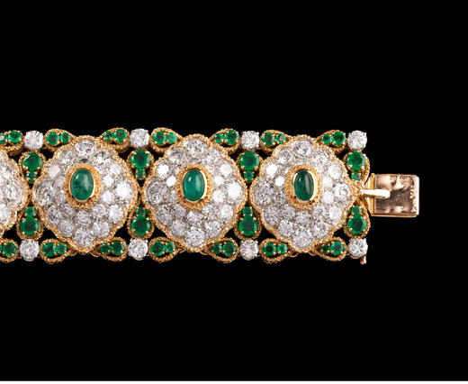 独角鹿西洋古董首饰珠宝法国18K黄金铂金镶钻石祖母绿宽手链手镯 商品图4