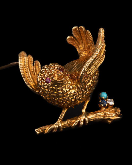 独角鹿西洋古董珠宝首饰英国绿松石蓝宝石钻石镶嵌18K金小鸟胸针 商品图2