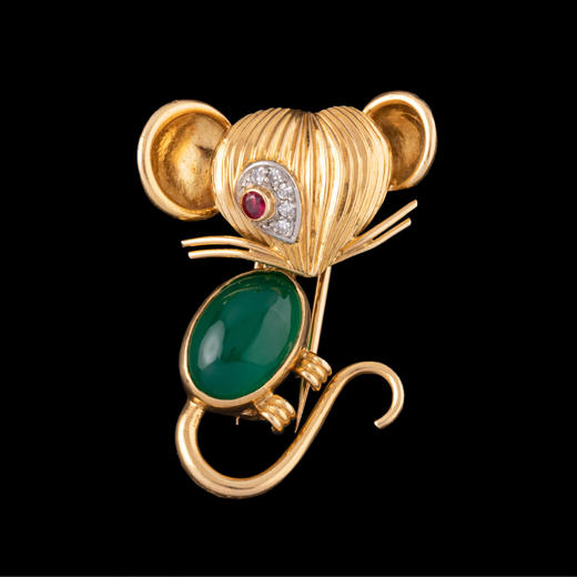 独角鹿西洋古董法国珠宝世家18k金镶钻石绿玉髓红宝石小老鼠胸针 商品图0