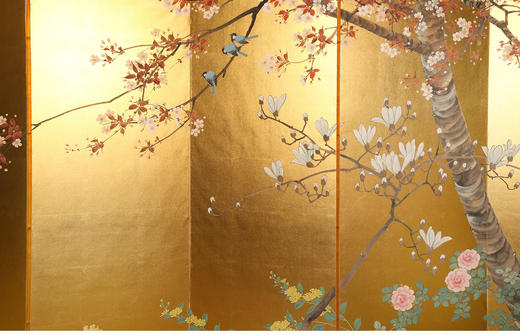 独角鹿西洋古董日本明治时期繁花鸟雀主题金地纸本着色六曲屏风 商品图1