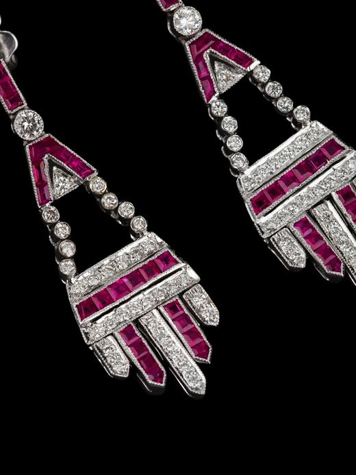 独角鹿西洋古董珠宝法国18k白金镶嵌钻石红宝石耳环耳坠耳饰一对 商品图4