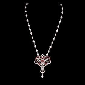 独角鹿西洋古董首饰18K金铂金镶嵌石榴石尖晶石钻石珍珠项链/胸针