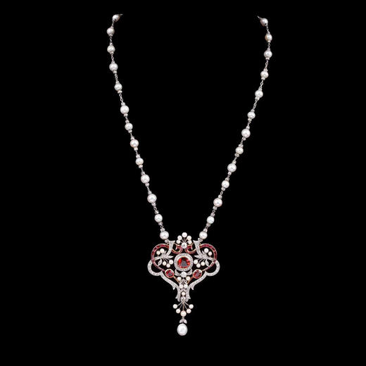 独角鹿西洋古董首饰18K金铂金镶嵌石榴石尖晶石钻石珍珠项链/胸针 商品图0
