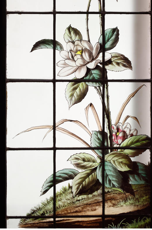 独角鹿西洋古董法国新艺术时期出品水滨花鸟主题彩绘玻璃花窗一对 商品图4