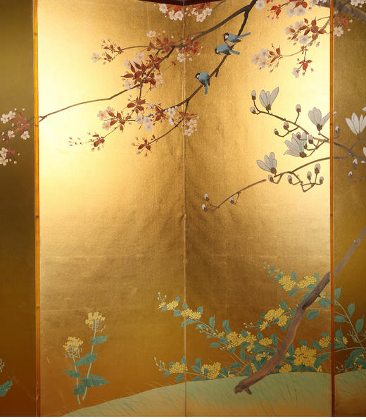 独角鹿西洋古董日本明治时期繁花鸟雀主题金地纸本着色六曲屏风 商品图4
