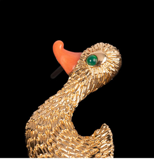 独角鹿西洋古董法国珠宝世家品牌黄金镶祖母绿珊瑚鸭子造型胸针 商品图2