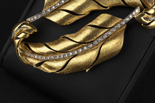 独角鹿西洋古董珠宝首饰1950年代美国出品钻石18k金叶型胸针一对 商品图4