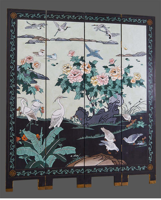 独角鹿西洋古董中国手绘瑞鹤珍禽富贵花卉主题黑地漆器四扇屏风 商品图2