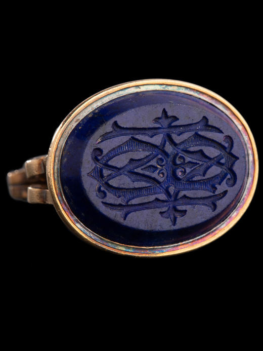 独角鹿西洋古董18K黄金镂雕花押字母镶嵌钻石青金石火漆印章吊坠 商品图3