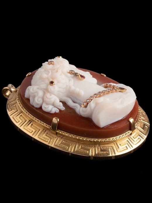 独角鹿西洋古董18K金红宝石钻石嵌Cameo卡梅奥玛瑙浮雕胸针吊坠 商品图2