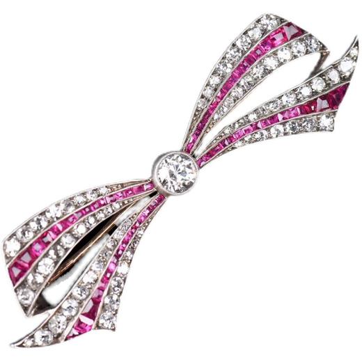 独角鹿西洋古董珠宝法国18k金及铂金镶嵌红宝石钻石蝴蝶结胸针 商品图4