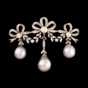 独角鹿西洋古董首饰美好时代黄金纯银镶嵌钻石天然珍珠蝴蝶结胸针