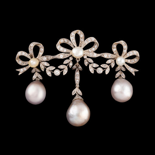 独角鹿西洋古董首饰美好时代黄金纯银镶嵌钻石天然珍珠蝴蝶结胸针 商品图0