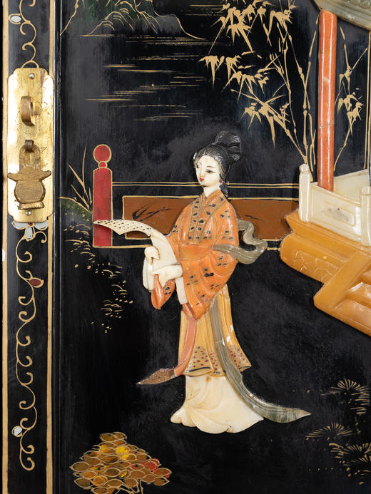 独角鹿西洋古董家具国木制黑色漆面硬石镶嵌人物主题边柜柜子立柜 商品图4