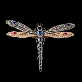 独角鹿西洋古董黄金底纯银镶嵌蓝宝石红宝石钻石颤动式蜻蜓胸针