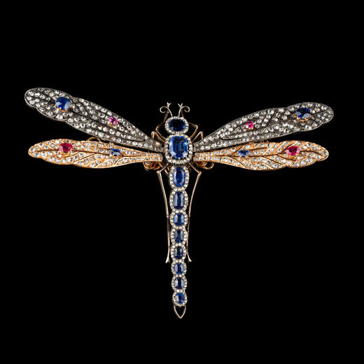 独角鹿西洋古董黄金底纯银镶嵌蓝宝石红宝石钻石颤动式蜻蜓胸针 商品图0