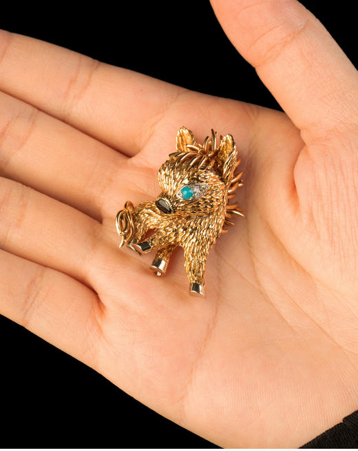 独角鹿西洋古董法国珠宝品牌18K金镶嵌钻石绿松石缟玛瑙小驴胸针 商品图2