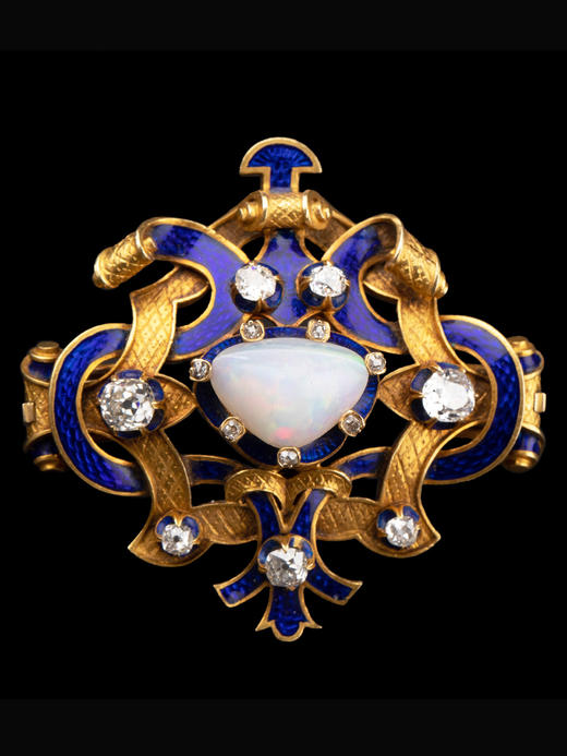 独角鹿西洋古董珠宝首饰崇古风格黄金镶欧泊石钻石宝蓝色珐琅胸针 商品图0