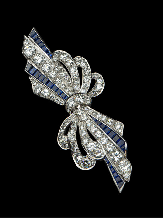 独角鹿西洋古董珠宝首饰法国铂金镶嵌蓝宝石钻石蝴蝶结造型胸针 商品图3