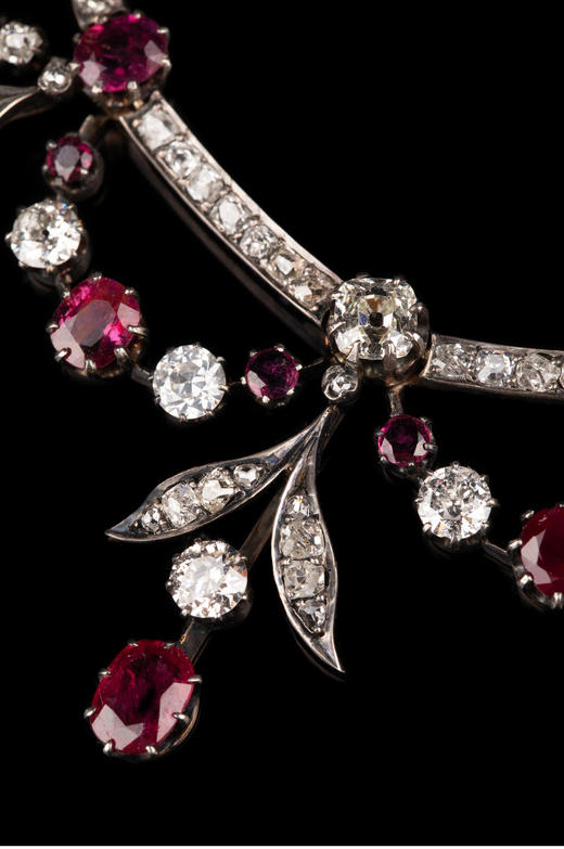 独角鹿西洋古董珠宝首饰18k黄金底纯银镶嵌石榴石红宝石钻石项链 商品图3