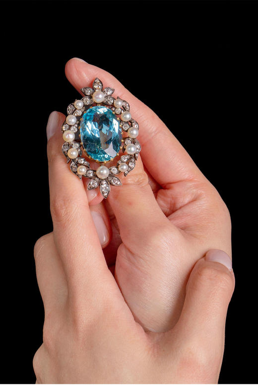 独角鹿西洋古董珠宝首饰英国金银叠打镶钻石珍珠海蓝宝石花叶胸针 商品图2