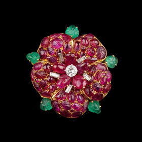 独角鹿西洋古董Marchak18K黄金镶红宝石祖母绿钻石水果锦囊胸针