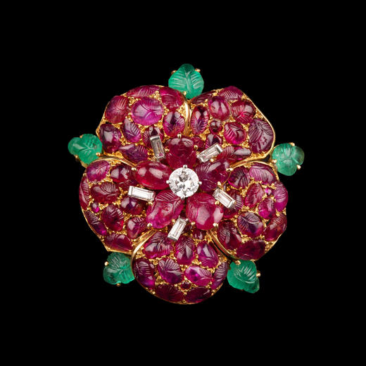 独角鹿西洋古董Marchak18K黄金镶红宝石祖母绿钻石水果锦囊胸针 商品图0