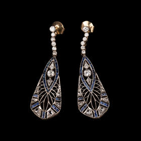 独角鹿西洋古董珠宝首饰蓝宝石钻石镶嵌铂金黄金镂空设计耳坠耳饰