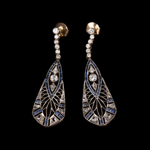 独角鹿西洋古董珠宝首饰蓝宝石钻石镶嵌铂金黄金镂空设计耳坠耳饰 商品图0