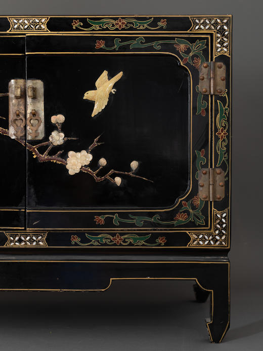 独角鹿西洋古董家具中国木制黑色漆面硬石镶嵌花鸟边柜柜子立柜 商品图2